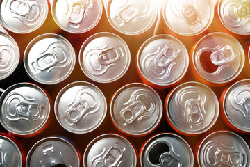 Many colorful aluminium cans, closeup