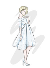 Fototapeta na wymiar A girl in a beautiful vintage dress. Vector illustration. Clothing and accessories, vintage and retro. 