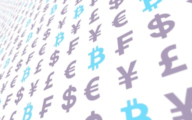 Bitcoin and currency on a white background. Digital Cryptocurrency symbol. Business concept. Market Display. 3D illustration