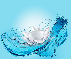 Cosmetic product with flower and splashing water on color background. Beauty and skin care