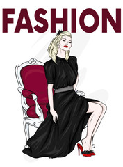 Beautiful girl in a vintage dress sits in an antique chair. Fashion and style, vintage and retro. Vector illustration.
