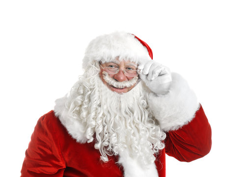 Portrait of authentic Santa Claus on white background