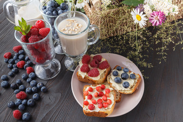 berry smoothie with oatmeal in a glass, healthy eating diet concept