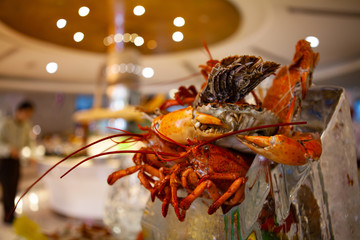 Assortment of fresh, juicy and tasty seafood. Giant mud crab, Spiny lobsters, blue crab and Slipper lobster on ice bed.