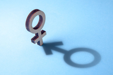 Concept of transvestite or bisexual. Tranender, woman feels like man. Shadow of woman's gerner...