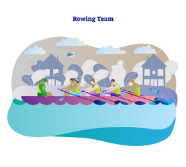 Obraz premium Rowing team vector illustration. Kayak, canoe or boat woman team with leader and captain. Outdoor activity with teamwork water sport athlete in river, sea or lake.