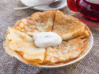 Plate with pancakes closeup