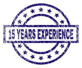 15 YEARS EXPERIENCE stamp seal watermark with distress texture. Designed with rectangle, circles and stars. Blue vector rubber print of 15 YEARS EXPERIENCE label with scratched texture.