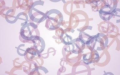 Multicolored translucent dollar signs on white background. Red tones. 3D illustration