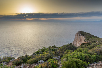 Amazing Sunset Panorama near Navagio Shipwreck beach, Zakynthos, Greece