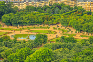Closeup of Le Jardin du Luxembourg gardens from panoramic terrace of Tour Montparnasse. Aerial view of Paris urban public park, and french style gardens of residence palace of the Senate President.