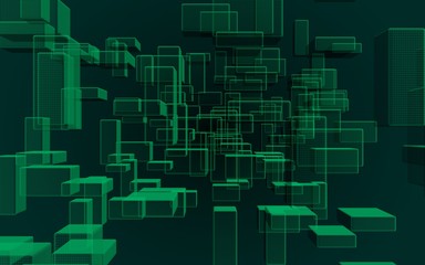 Green and dark abstract digital and technology background. The pattern with repeating rectangles. 3D illustration
