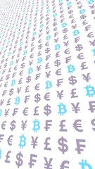 Bitcoin and currency on a white background. Digital Cryptocurrency symbol. Business concept. Market Display. 3D illustration