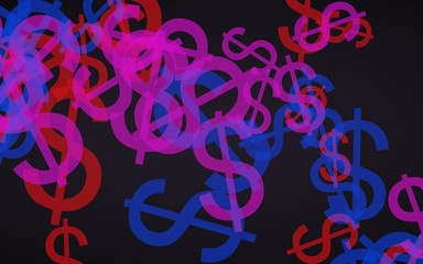 Multicolored translucent dollar signs on dark background. Red tones. 3D illustration