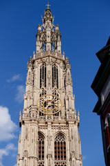 Cathedral of our lady in Antwerp, Belgium under clear blue sky in Sunny good weather day in spring