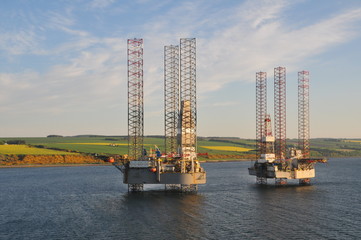Oil rigs in the open North sea off the coast of England and Scotland