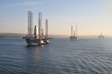 Oil rigs in the open North sea off the coast of England and Scotland