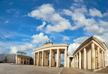 Panoramic image of Brandenburg Gate in Berlin, Germany, on a bright day