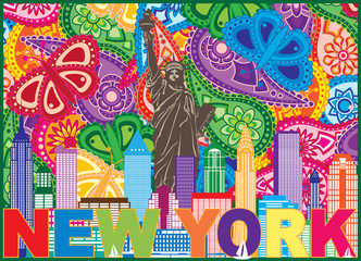 New York Skyline Text Paisley Pattern Color vector Illustration