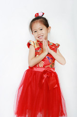 Asian girl wearing red cheongsam with Respect 