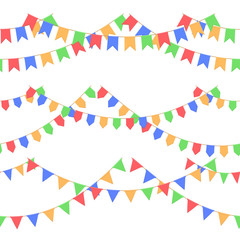 Fototapeta premium Set of garland with celebration flags chain, red, blue, yellow, green pennons with no background, footer and banner for celebration