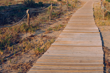 wooden path through the dunes towards a summer beach at sunset