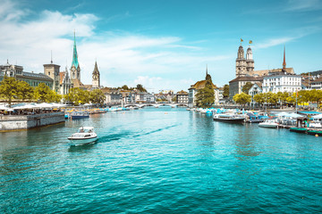Zürich city center with Limmat river in summer, Switzerland - obrazy, fototapety, plakaty
