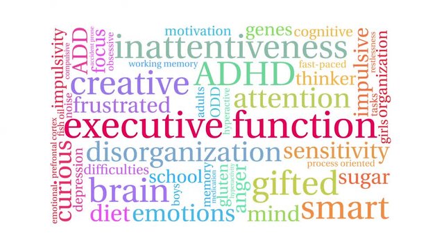 Executive Function ADHD Animated Word Cloud on a white background. 