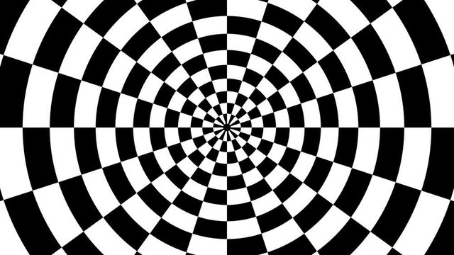 Optical illusion black and white checker wormhole tunnel spiral rotating, 4K UHD