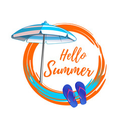 Hello summer. Summer round banner design with flip flops and a beach umbrella. Vector illustration isolated on white background