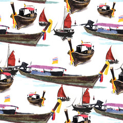 Obraz premium Watercolor boat, tropics, beach, sea. The drawing is made with watercolor, seamless background or wallpaper.