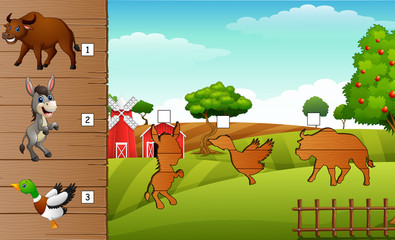 Cartoon farm animals collection set. Find the correct shadow on board. Educational game for children
