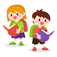 Boy and Girl, Children with school bag reading books
