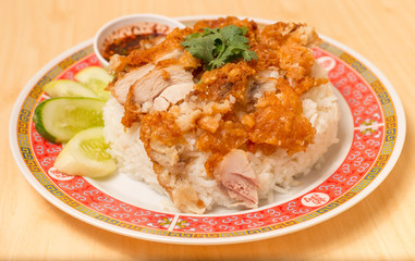 Fried chicken place on top the rice with cucumbers and sauce.