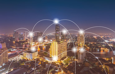 Aerial view of digital technology over cityscape, Can use for connection network concept background.