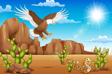 Naklejka premium Cartoon eagle bird and snake living in the desert