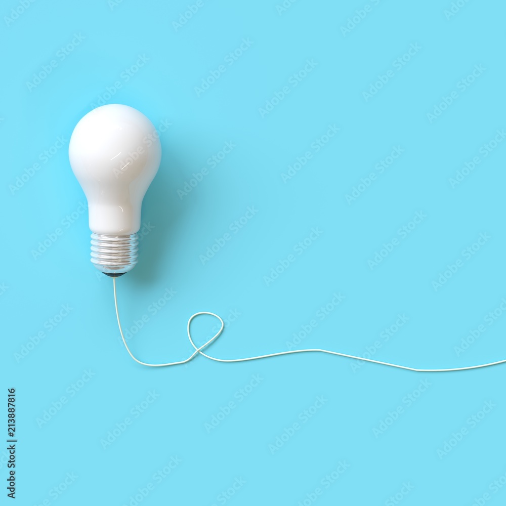 Poster white lightbulb with wire on blue background for copyspace. minimal idea concept. top view