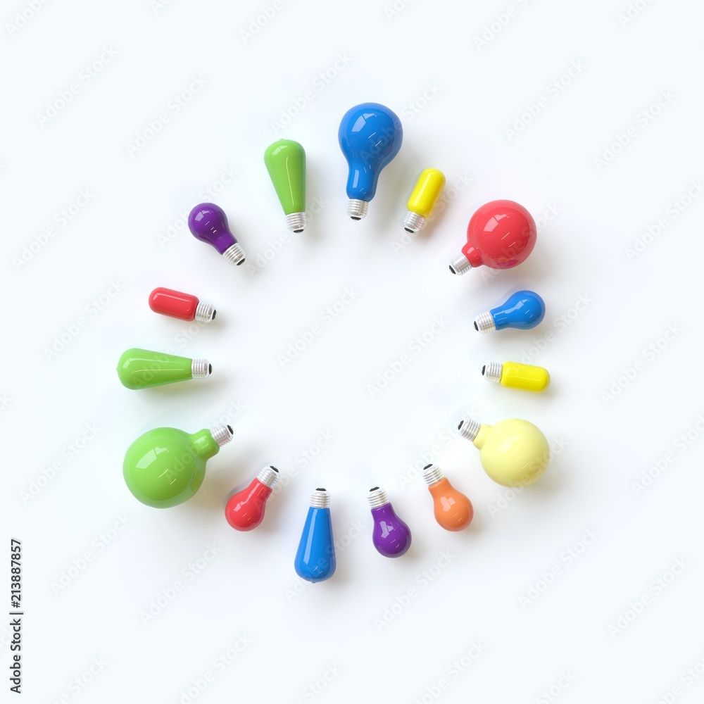 Poster different colorful lightbulb with circle shape concept on white backgrond. minimal concept. top view