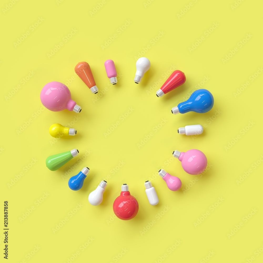 Poster different colorful lightbulb with circle shape concept on yellow backgrond. minimal concept. top vie