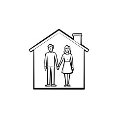 House with couple man and woman hold hands hand drawn outline doodle icon. Family home, relationship, concept. Vector sketch illustration for print, web, mobile and infographics on white background.