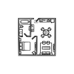 Square floor plan with furniture hand drawn outline doodle icon. Architecture, layout, interior concept. Vector sketch illustration for print, web, mobile and infographics on white background.