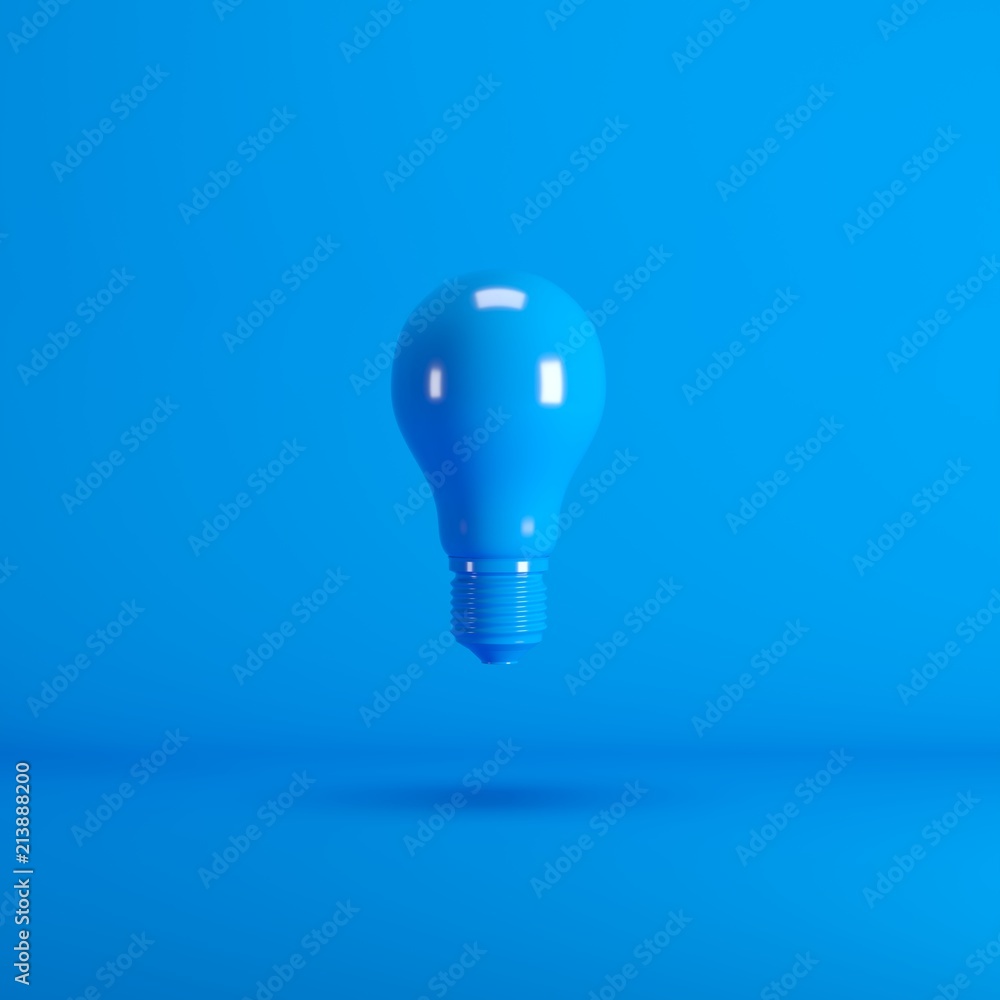 Poster levitating blue lightbulb floating on blue background color. minimal idea concept.