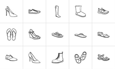 Footwear hand drawn outline doodle icon set. Outline doodle icon set for print, web, mobile and infographics. Fashion, style, elegance vector sketch illustration set isolated on white background.