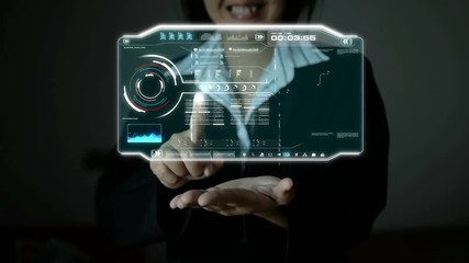 4K Business woman using HUD user interface panel for cyber and futuristic technology concept with dark and grain processed - Powered by Adobe