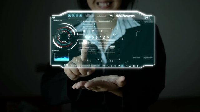 4K Business woman using HUD user interface panel for cyber and futuristic technology concept with dark and grain processed - Powered by Adobe
