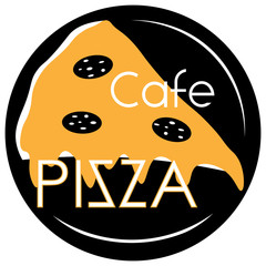 cafe pizzeria with pizza on a black background in three colors minimalistic logo