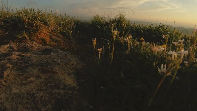 Mountain sunset over the peak rock. Dark key sunset light in the mountains parallax rocks rock grass