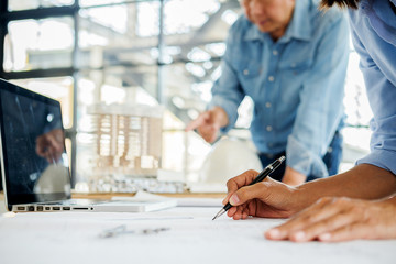 Architect Engineer Design Working on Blueprint Planning Concept. Construction Concept