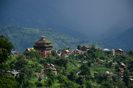 Nuwakot ancient castle tower appears in the morning haze from a hilltop near Nuwakot village, Nepal.