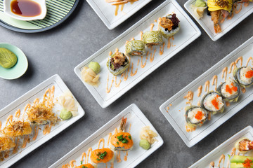 various sushi roll flat lay shot
